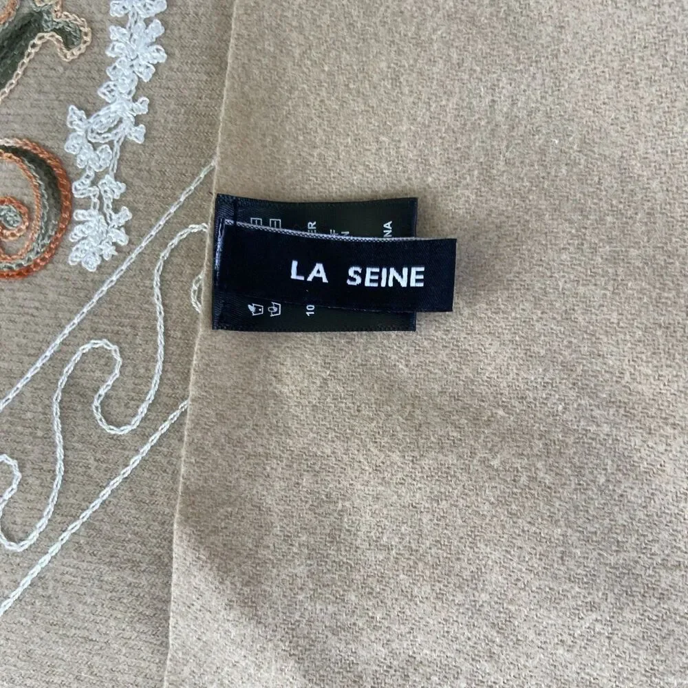 La Seine Embroidered Beige Floral Fringed Oversized Wrap Scarf Soft Luxurious